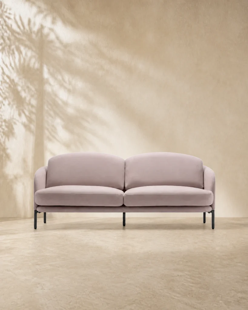 Full pale blush three-seat ZAOZUO Plume Sofa shown in a portrait editorial setting