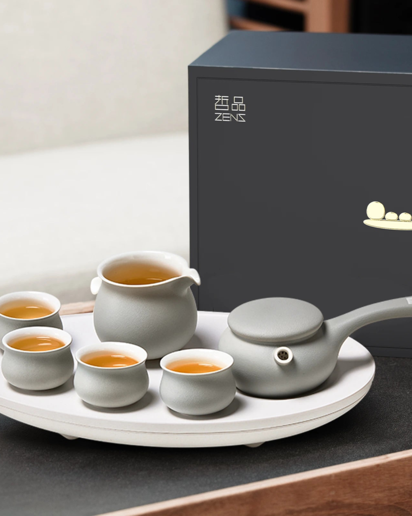 ZENS contemporary gray Kyusu teapot set with five cups and serving pitcher