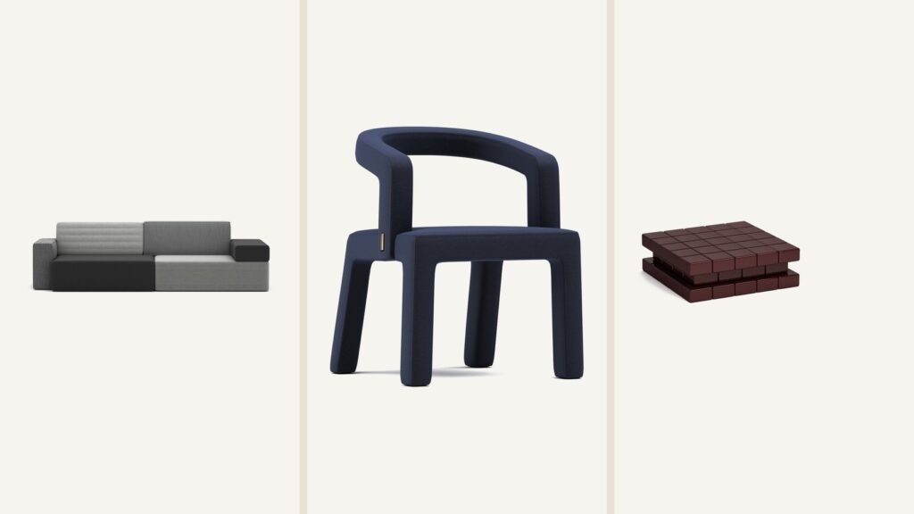 Combo Sofa, Middle Chair and Flow Side Table arranged as three complete Frank Chou furniture records