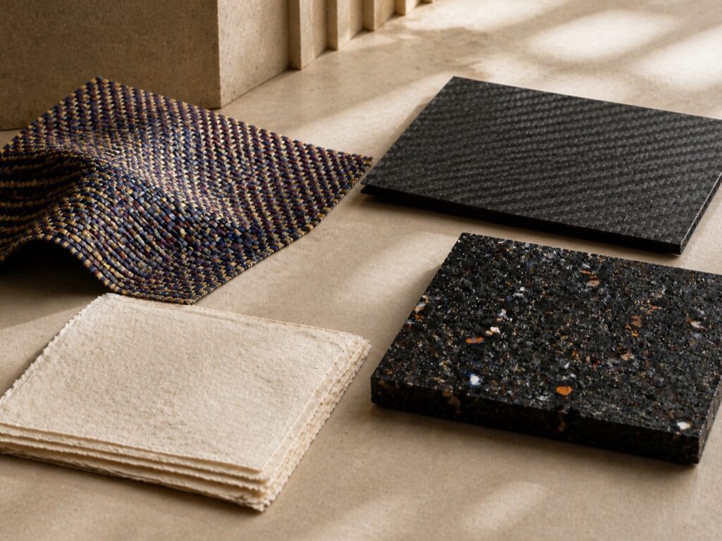 Woven aramid, carbon composite, flecked recycled plastic and layered washi paper in warm natural light