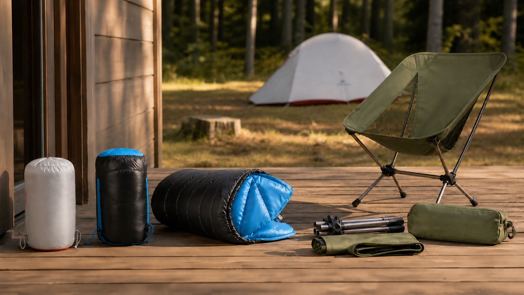 Packed sleeping bags and chair components beside a complete compact chair with a tent in the background