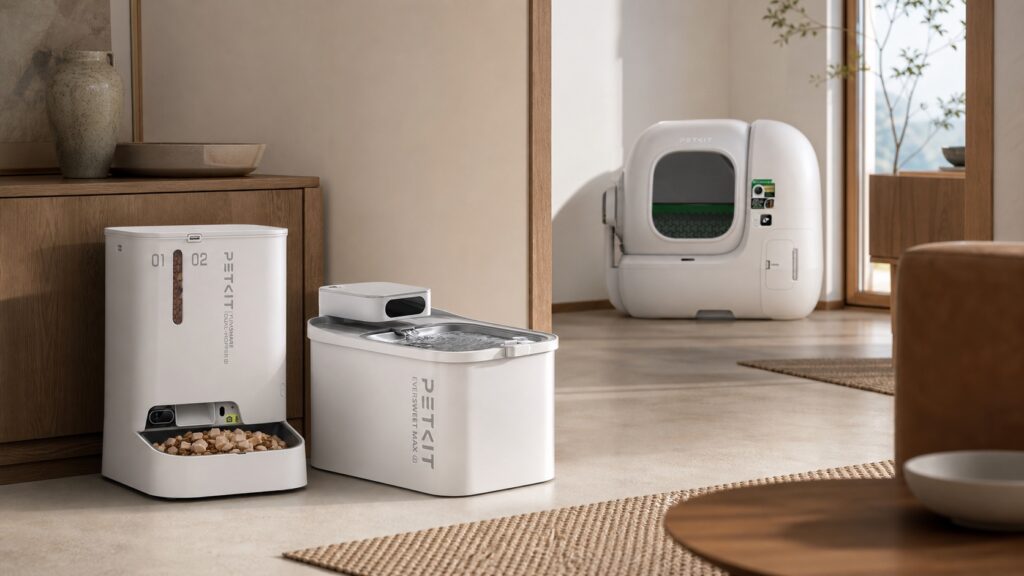 PETKIT feeder and water fountain in a feeding area with an automatic litter box in a separate alcove