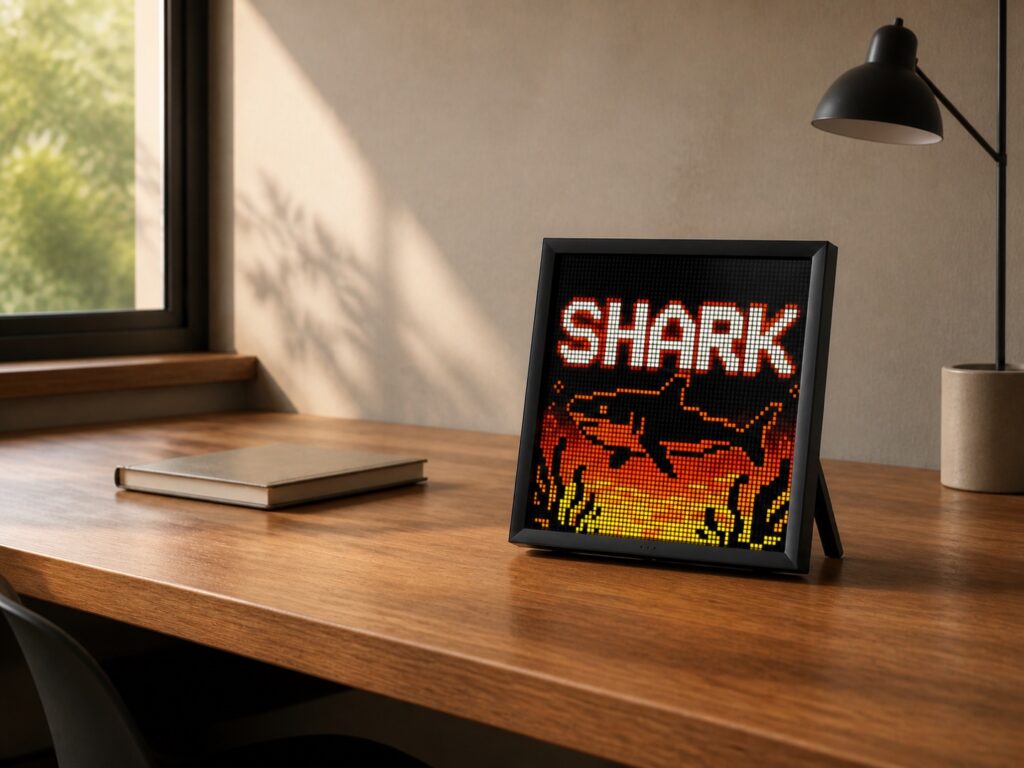 Complete black square Divoom Pixoo-64Ⅱ pixel display in a calm home-office setting