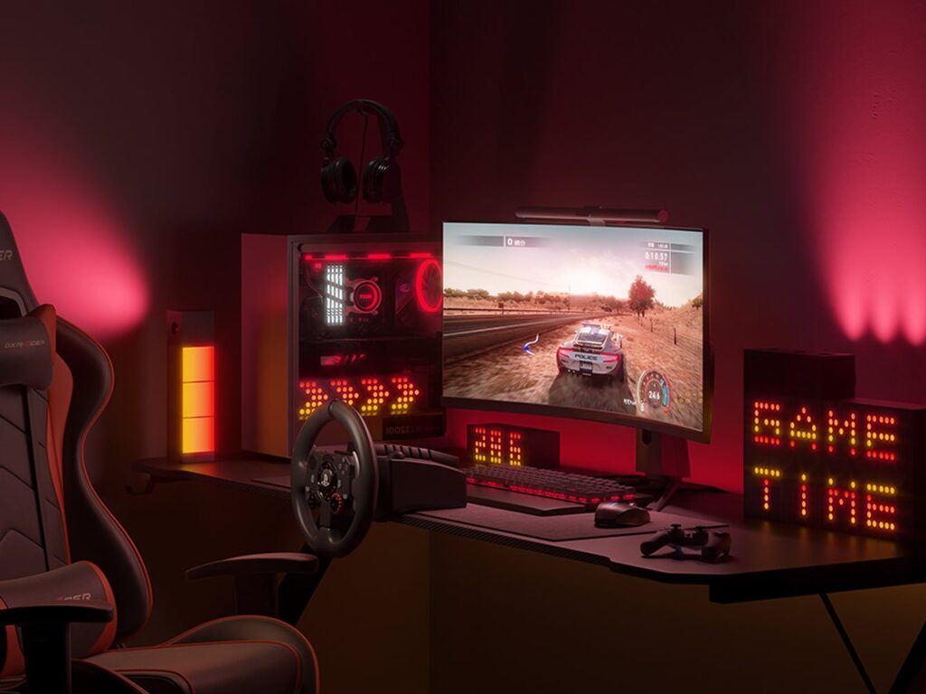 Yeelight Cube light modules integrated into a red-lit gaming desk scene